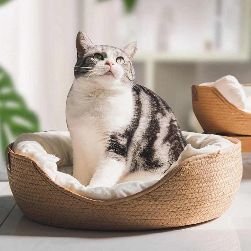 Woven Rattan Cat Basket Nesting Bed All-Season