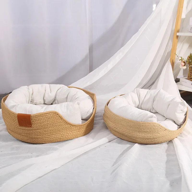 Woven Rattan Cat Basket Nesting Bed All-Season