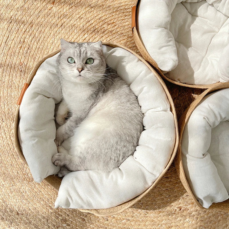 Woven Rattan Cat Basket Nesting Bed All-Season