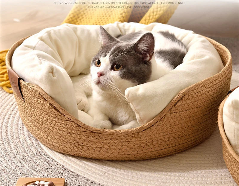 Woven Rattan Cat Basket Nesting Bed All-Season