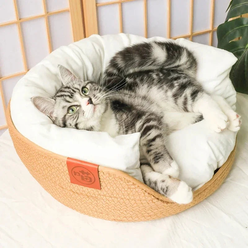 Woven Rattan Cat Basket Nesting Bed All-Season