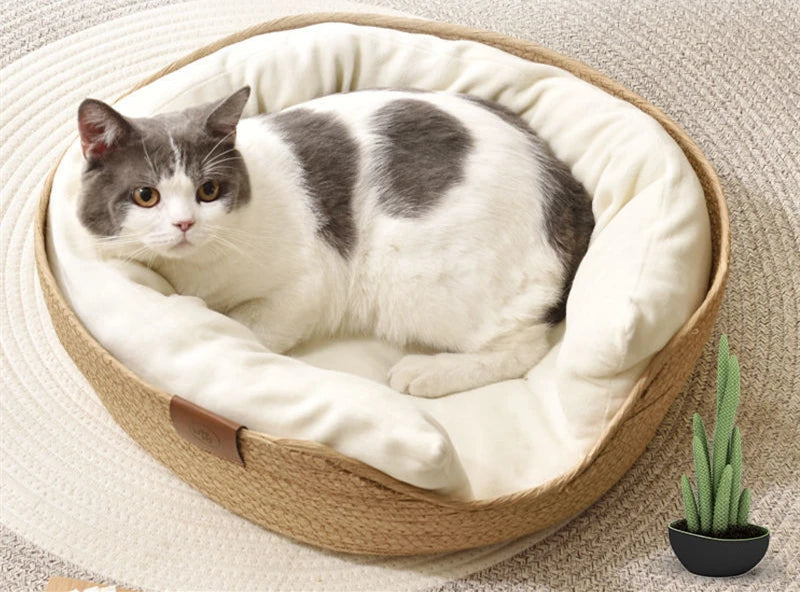 Woven Rattan Cat Basket Nesting Bed All-Season