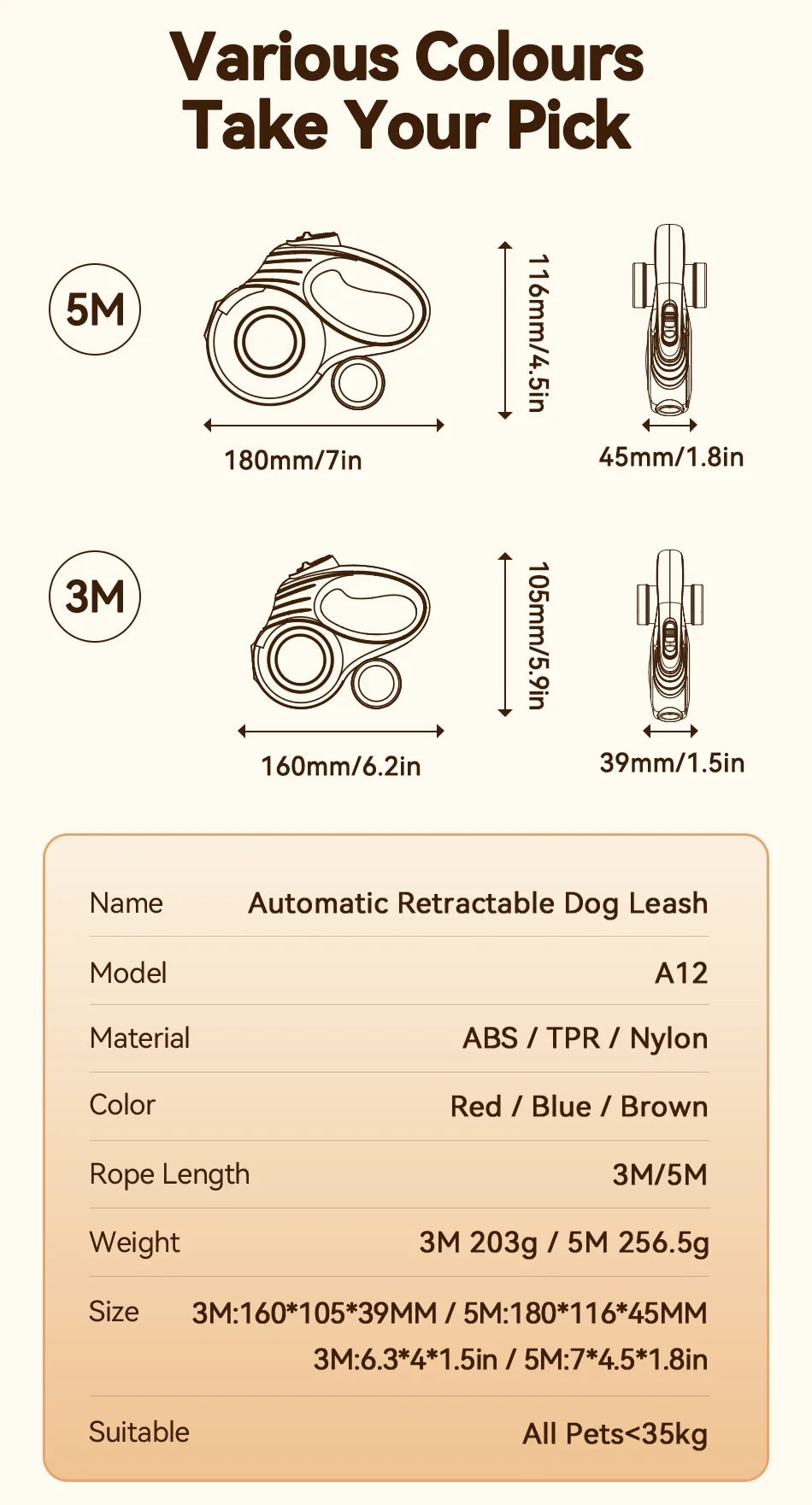 ROJECO 3M/5M Automatic Retractable Dog Leash