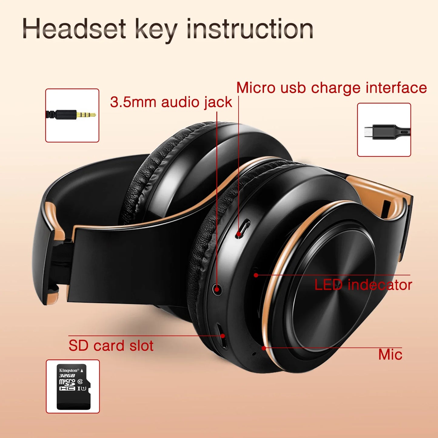 Wireless Headphones Bluetooth Stereo Headset Game with Build-in MIC with Universal for Android and iOS