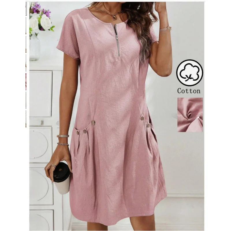 EVELYRA – VESTIDO DE VERANO ESTILO EUROPEO CON CUELLO CERRADO Y BOLSILLOS