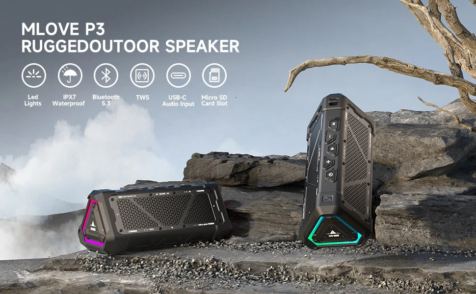 MLOVE P3 Outdoor Bluetooth Speaker, Stereo Sound IPX7 Waterproof, Micro SD Card, RGB Light
