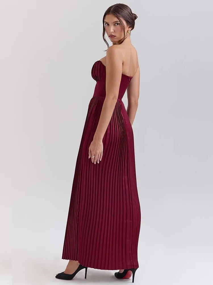 TOWNLUXA – VESTIDO MAXI PLISADO LÍNEA A SIN TIRANTES