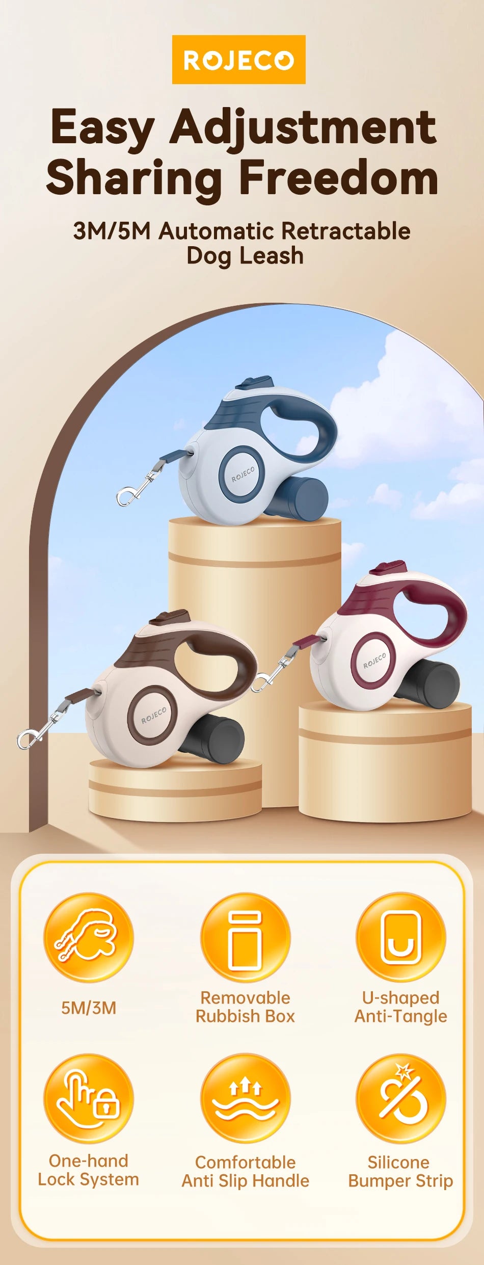 ROJECO 3M/5M Automatic Retractable Dog Leash