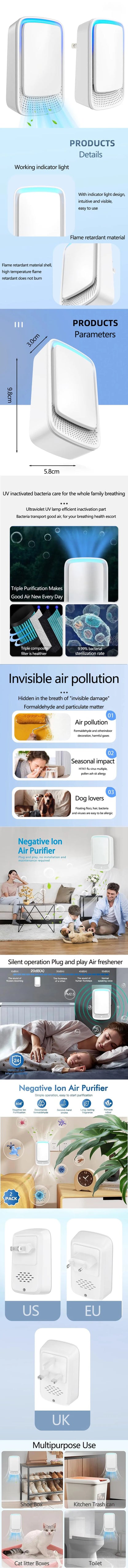 Portable Air Purifier Negative Air Ionizer for Home, Office, Pets, Smokers, Toilet