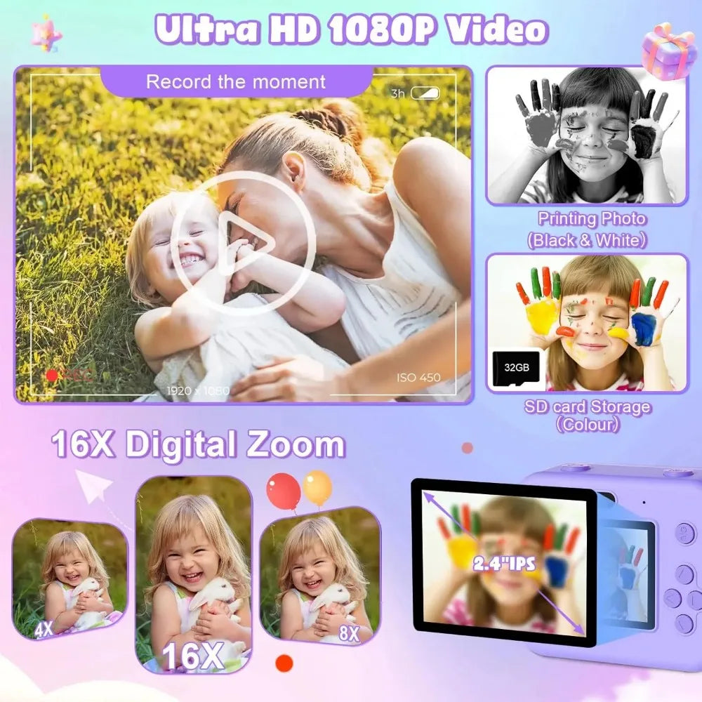 IAURA  Instant Print Camera With 32G Card, 1080P Mini Digital Video Camera