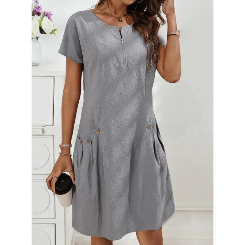 EVELYRA – VESTIDO DE VERANO ESTILO EUROPEO CON CUELLO CERRADO Y BOLSILLOS