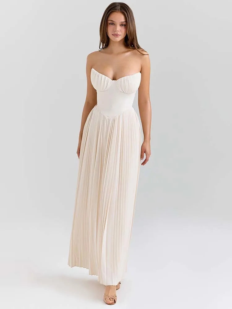 TOWNLUXA – VESTIDO MAXI PLISADO LÍNEA A SIN TIRANTES