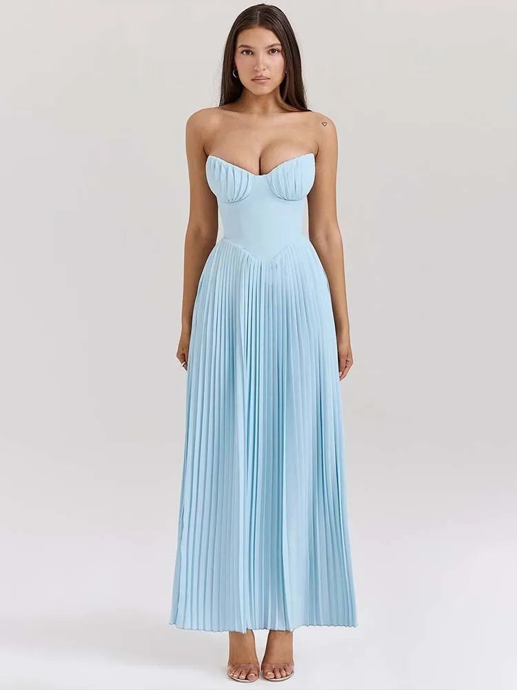 TOWNLUXA – VESTIDO MAXI PLISADO LÍNEA A SIN TIRANTES