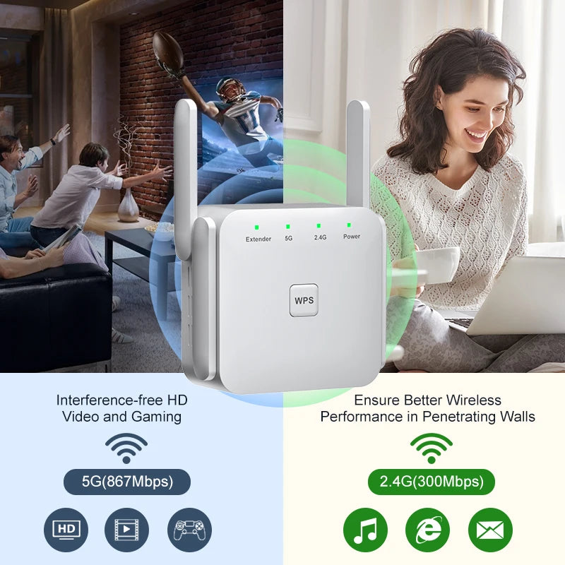 WiFi Repeater AC1200 Wi-Fi Booster WiFi Extender Amplifier 2.4G/5GHz