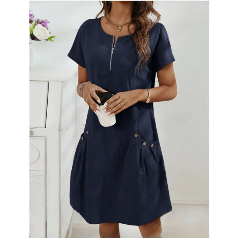EVELYRA – VESTIDO DE VERANO ESTILO EUROPEO CON CUELLO CERRADO Y BOLSILLOS