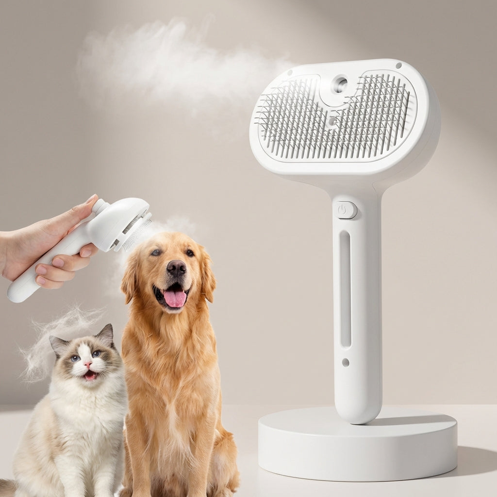 Cepillo de Vapor para Mascotas – Peine Masajeador USB Seguro con Dientes Suaves, Eliminador de Pelo para Perros y Gatos